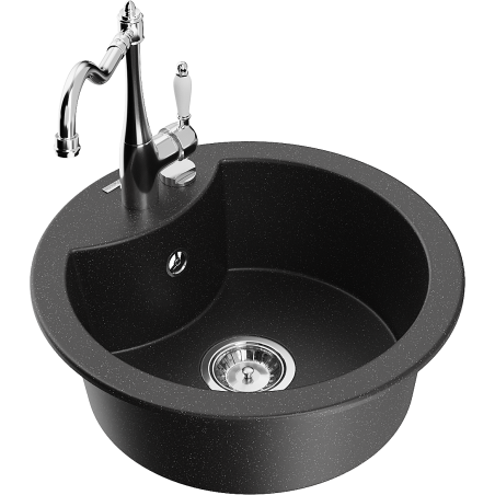 Mexen Diego single-bowl granite sink with Carla kitchen tap, black/silver metallic - 6512-73-670700-00