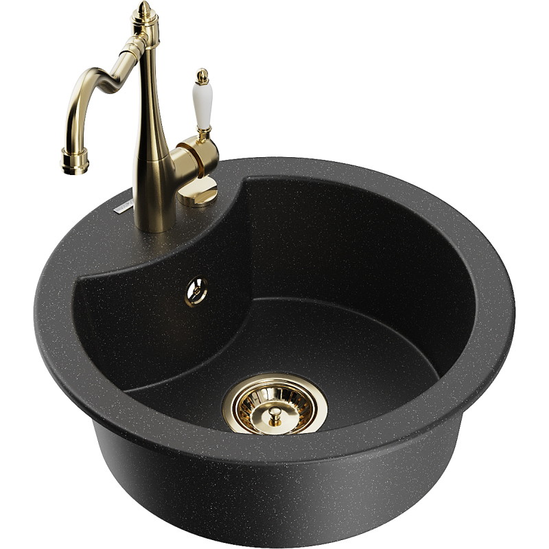 Mexen Diego granite single-bowl sink with kitchen faucet Carla, black/silver metallic - 6512-73-670700-50