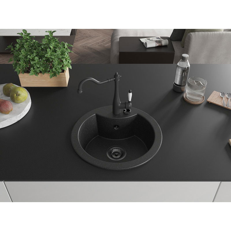 Mexen Diego granite sink 1-bowl with Carla kitchen tap, black/silver metallic - 6512-73-670700-70-B