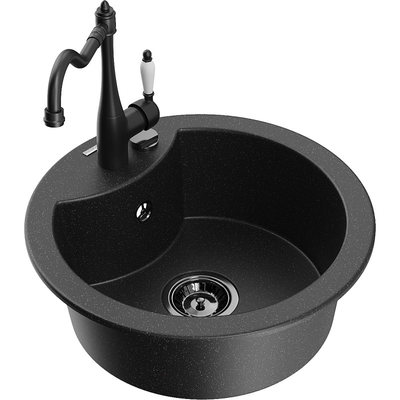 Mexen Diego granite kitchen sink 1-bowl with kitchen faucet Carla, black/silver metallic - 6512-73-670700-70-B
