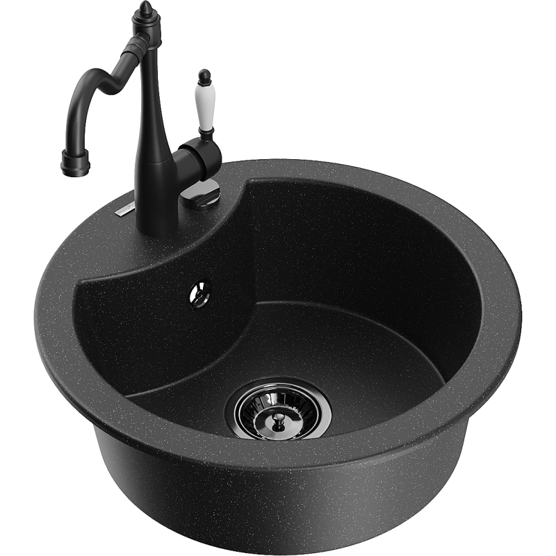 Mexen Diego granite sink 1-bowl with Carla kitchen tap, black/silver metallic - 6512-73-670700-70-B