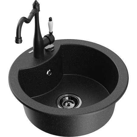 Mexen Diego granite kitchen sink 1-bowl with Carla kitchen faucet, black/silver metallic - 6512-73-670700-70-B