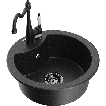 Mexen Diego granite kitchen sink 1-bowl with kitchen faucet Carla, black/silver metallic - 6512-73-670700-70-B