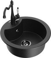 Mexen Diego granite sink 1-bowl with Carla kitchen tap, black/silver metallic - 6512-73-670700-70-B