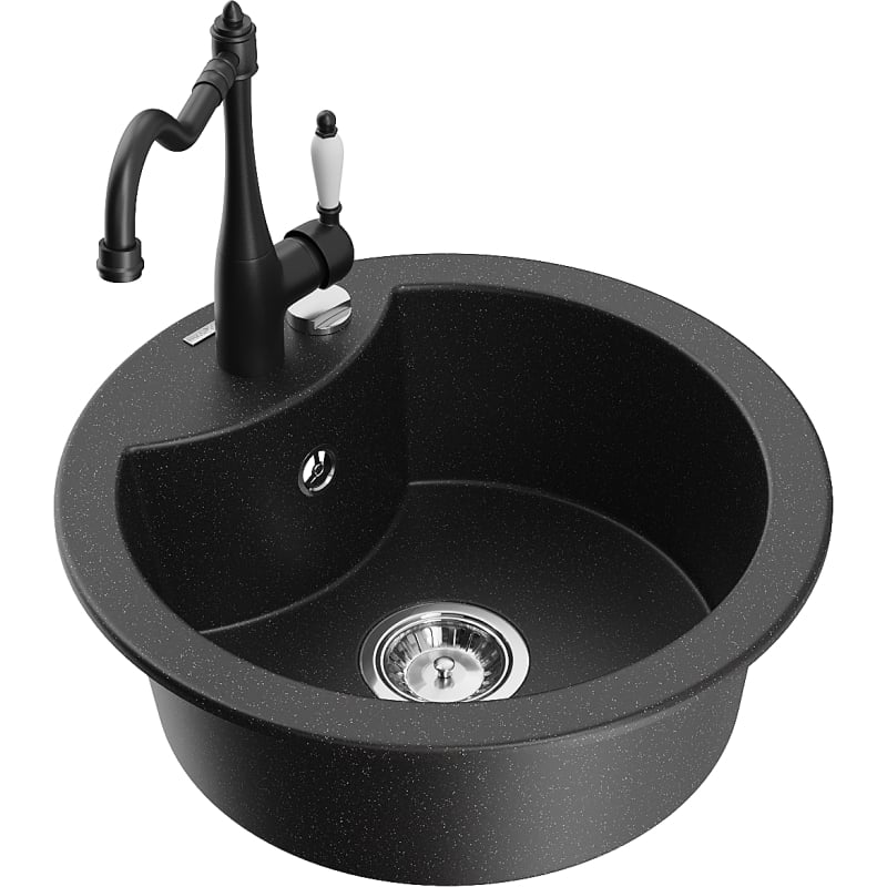 Mexen Diego 1-bowl granite sink with kitchen faucet Carla, black/silver metallic - 6512-73-670700-70