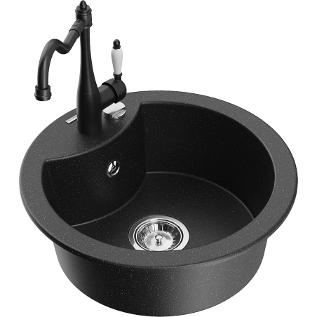 Mexen Diego 1-bowl granite sink with Carla kitchen tap, black/silver metallic - 6512-73-670700-70
