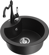 Mexen Diego 1-compartment granite sink with a kitchen mixer tap Carla, Black/Silver metallic - 6512-73-670700-70