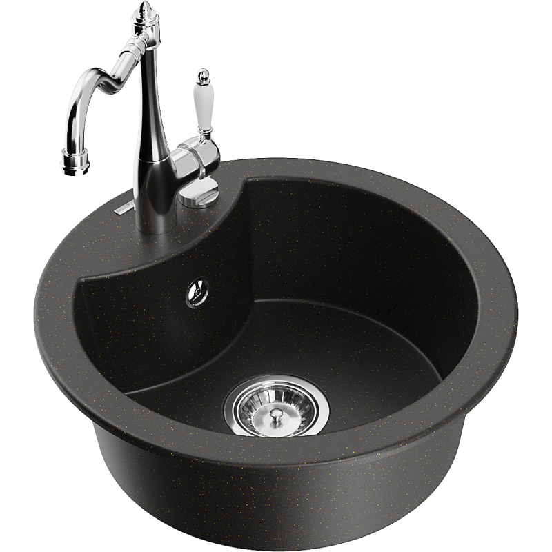 Mexen Diego 1-bowl granite sink with Carla kitchen tap, black/gold metallic - 6512-75-670700-00