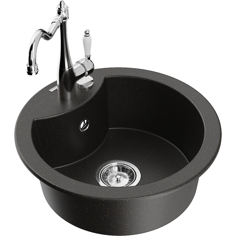 Mexen Diego 1-compartment granite sink with a kitchen mixer tap Carla, Black/Gold metallic - 6512-75-670700-00