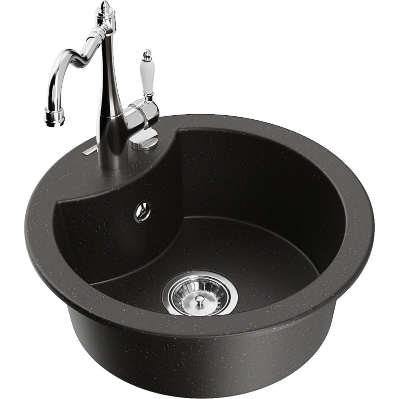 Mexen Diego granit kitchen sink 1-bowl with Carla kitchen faucet, black/gold metallic - 6512-75-670700-00