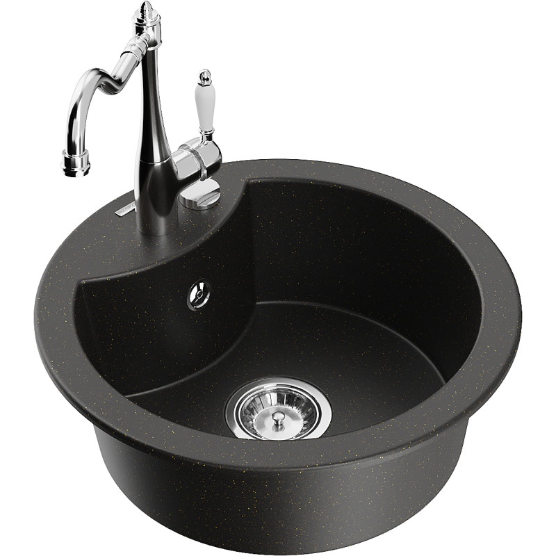Mexen Diego granite sink 1-bowl with kitchen faucet Carla, black/gold metallic - 6512-75-670700-00