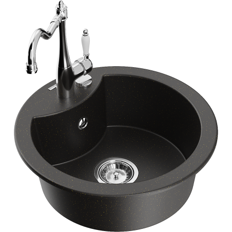 Mexen Diego 1-bowl granite sink with Carla kitchen tap, black/gold metallic - 6512-75-670700-00