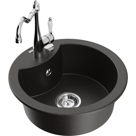 Mexen Diego granite sink 1-bowl with kitchen faucet Carla, black/gold metallic - 6512-75-670700-00