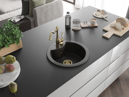 Mexen Diego granite kitchen sink single-bowl with Carla kitchen tap, black/gold metallic - 6512-75-670700-50