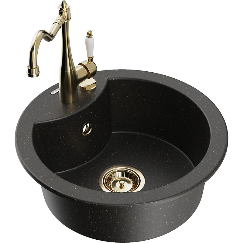 Mexen Diego granite kitchen sink 1-bowl with kitchen faucet Carla, black/gold metallic - 6512-75-670700-50