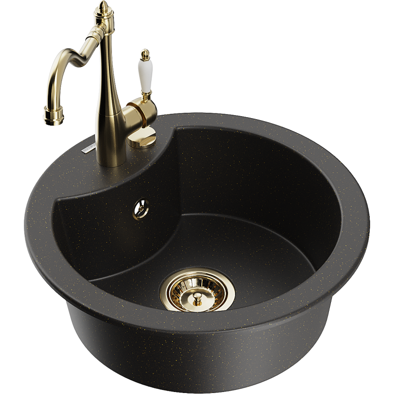Mexen Diego granite kitchen sink single-bowl with Carla kitchen tap, black/gold metallic - 6512-75-670700-50