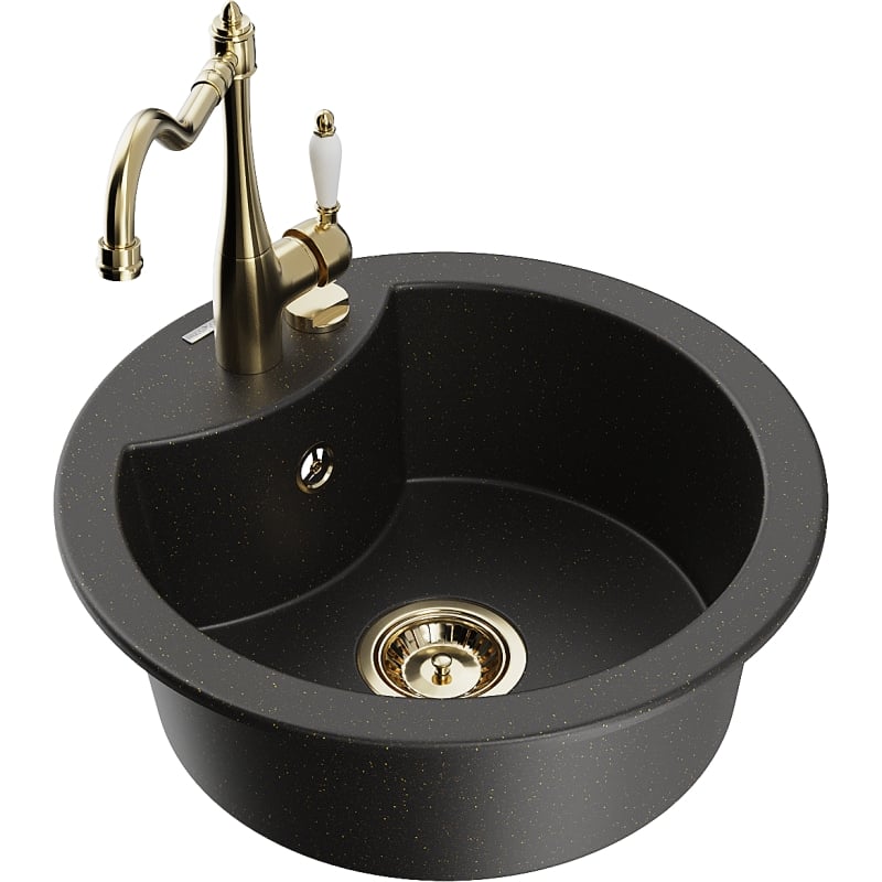 Mexen Diego granite sink 1-compartment with kitchen faucet Carla, black/gold metallic - 6512-75-670700-50