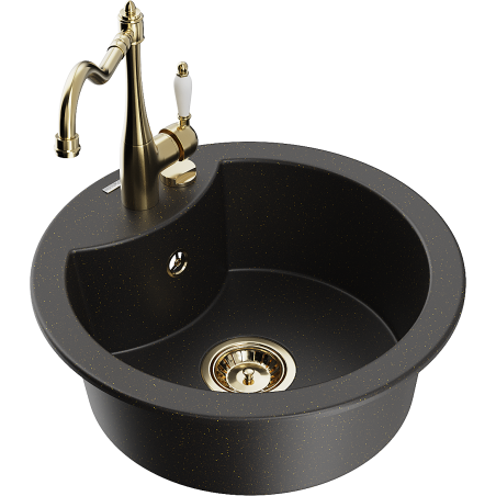Mexen Diego granite kitchen sink 1-bowl with kitchen faucet Carla, black/gold metallic - 6512-75-670700-50