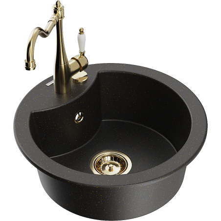 Mexen Diego granite kitchen sink single-bowl with Carla kitchen tap, black/gold metallic - 6512-75-670700-50