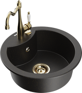 Mexen Diego granite kitchen sink single-bowl with Carla kitchen tap, black/gold metallic - 6512-75-670700-50