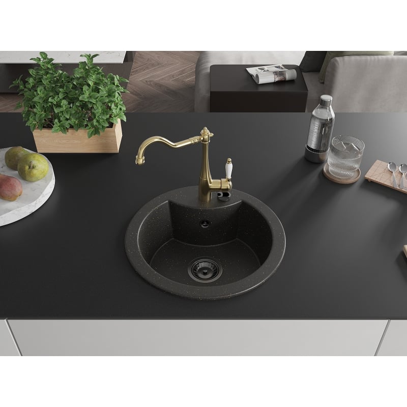 Mexen Diego 1-bowl granite sink with Carla kitchen faucet, black/gold metallic - 6512-75-670700-50-B