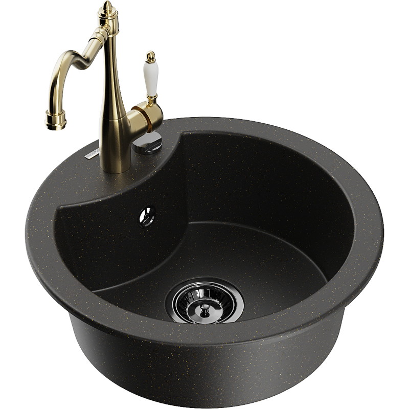 Mexen Diego 1-bowl granite kitchen sink with Carla kitchen faucet, black/gold metallic - 6512-75-670700-50-B