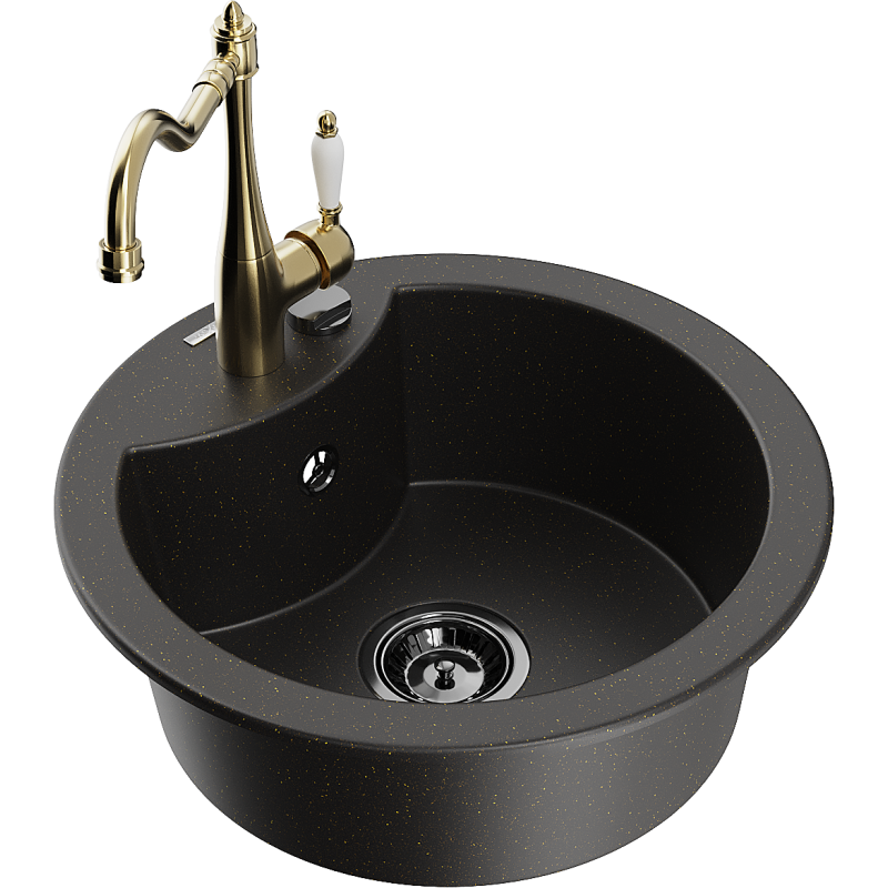 Mexen Diego 1-bowl granite sink with Carla kitchen tap, black/gold metallic - 6512-75-670700-50-B