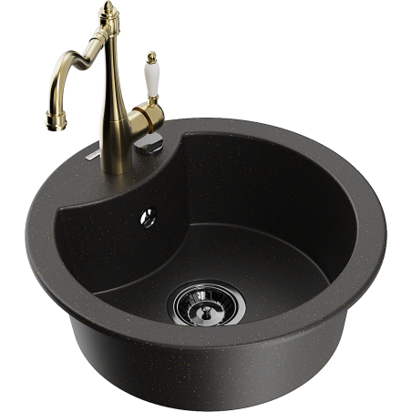 Mexen Diego 1-bowl granite sink with Carla kitchen tap, black/gold metallic - 6512-75-670700-50-B