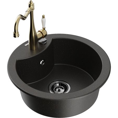 Mexen Diego 1-compartment granite sink with a kitchen mixer tap Carla, Black/Gold metallic - 6512-75-670700-50-B