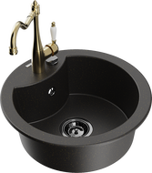 Mexen Diego 1-compartment granite sink with a kitchen mixer tap Carla, Black/Gold metallic - 6512-75-670700-50-B