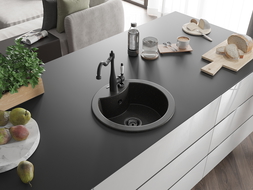 Mexen Diego 1-compartment granite sink with a kitchen mixer tap Carla, Black/Gold metallic - 6512-75-670700-70-B