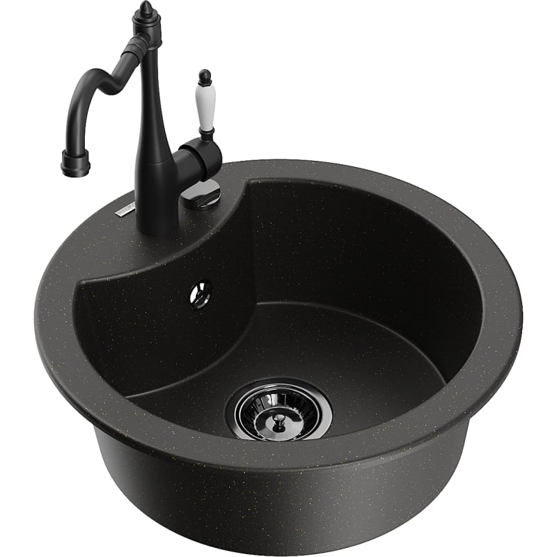 Mexen Diego granite single-bowl sink with Carla kitchen faucet, black/gold metallic - 6512-75-670700-70-B