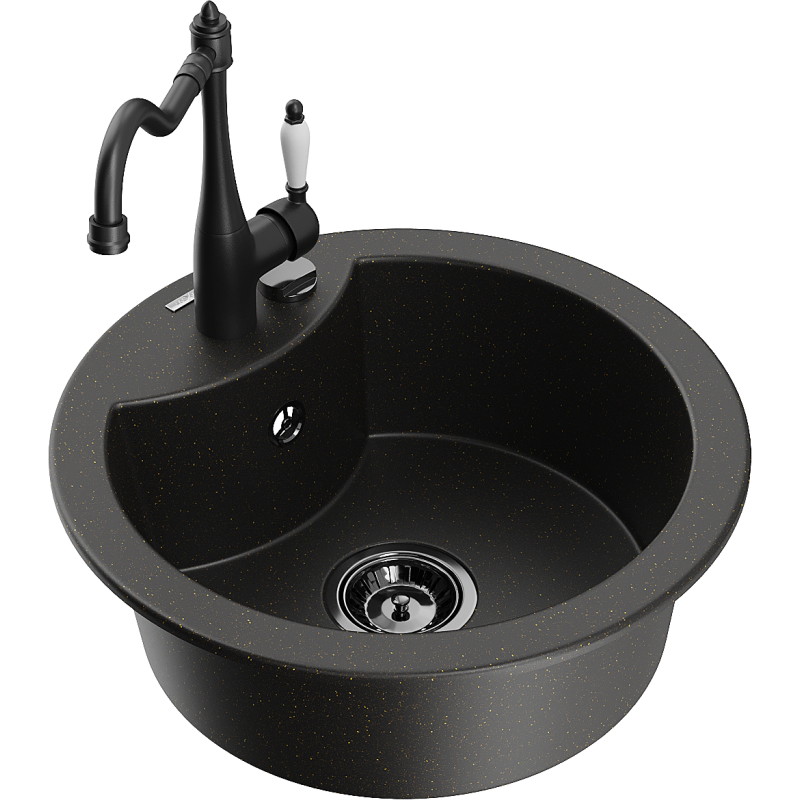 Mexen Diego granite sink 1-bowl with kitchen faucet Carla, black/gold metallic - 6512-75-670700-70-B