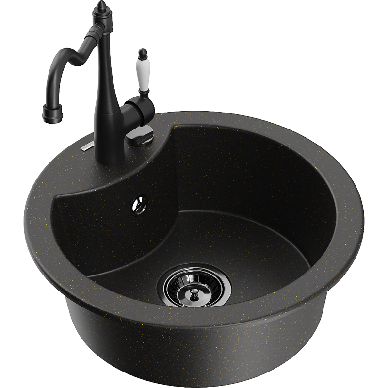 Mexen Diego single-bowl granite sink with Carla kitchen tap, black/gold metallic - 6512-75-670700-70-B