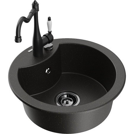 Mexen Diego granite single-bowl sink with Carla kitchen faucet, black/gold metallic - 6512-75-670700-70-B