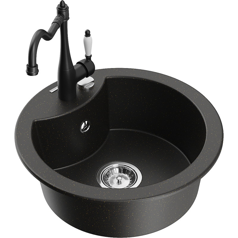 Mexen Diego 1-Bowl Granite Sink with Kitchen Faucet Carla, Black/Gold Metallic - 6512-75-670700-70