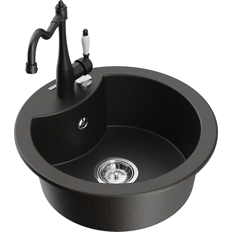 Mexen Diego single-bowl granite sink with Carla kitchen tap, black/gold metallic - 6512-75-670700-70