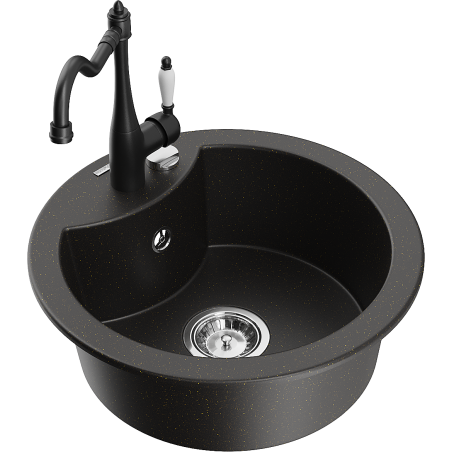 Mexen Diego 1-Bowl Granite Sink with Kitchen Faucet Carla, Black/Gold Metallic - 6512-75-670700-70