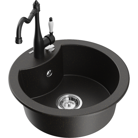 Mexen Diego single-bowl granite sink with Carla kitchen tap, black/gold metallic - 6512-75-670700-70