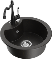 Mexen Diego 1-compartment granite sink with a kitchen mixer tap Carla, Black/Gold metallic - 6512-75-670700-70
