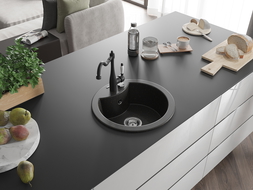 Mexen Diego 1-compartment granite sink with a kitchen mixer tap Carla, Black/Gold metallic - 6512-75-670700-70