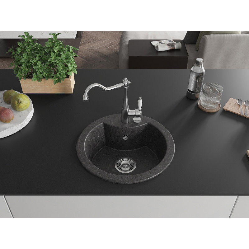 Mexen Diego single-bowl granite sink with Carla kitchen faucet, black speckled - 6512-76-670700-00
