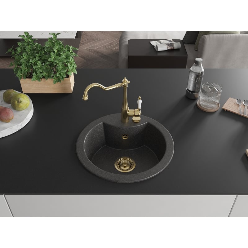 Mexen Diego granit sink 1-bowl with kitchen faucet Carla, black speckled - 6512-76-670700-50