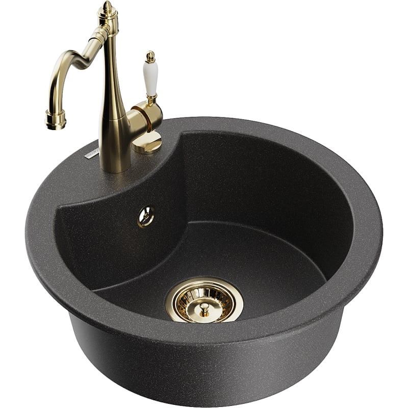 Mexen Diego granit sink 1-bowl with kitchen faucet Carla, black speckled - 6512-76-670700-50