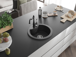 Mexen Diego 1-Bowl Granite Sink with Carla Kitchen Faucet, Speckled Black - 6512-76-670700-70