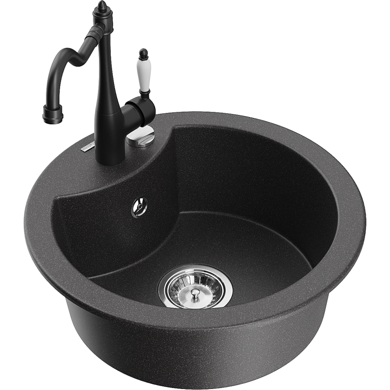 Mexen Diego 1-Bowl Granite Kitchen Sink with Carla Tap, Black Spotted - 6512-76-670700-70