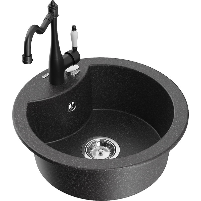 Mexen Diego 1-Bowl Granite Sink with Carla Kitchen Faucet, Speckled Black - 6512-76-670700-70