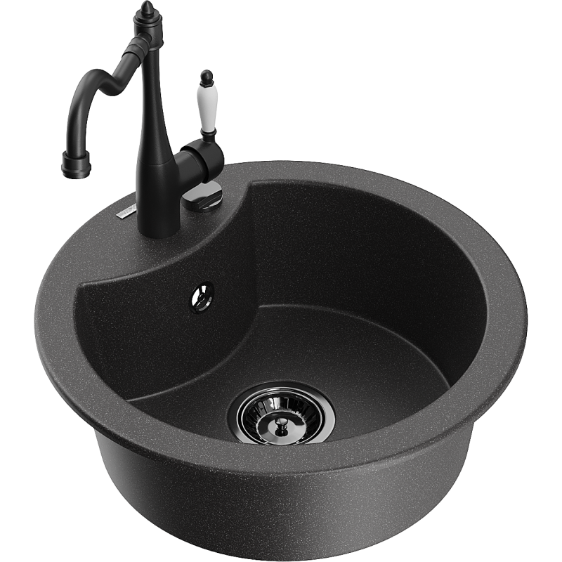 Mexen Diego Granite Kitchen Sink 1-Bowl with Carla Kitchen Tap, Black Speckled - 6512-76-670700-70-B