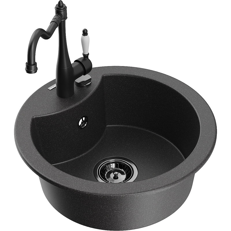 Mexen Diego granite sink 1-bowl with Carla kitchen faucet, black speckled - 6512-76-670700-70-B