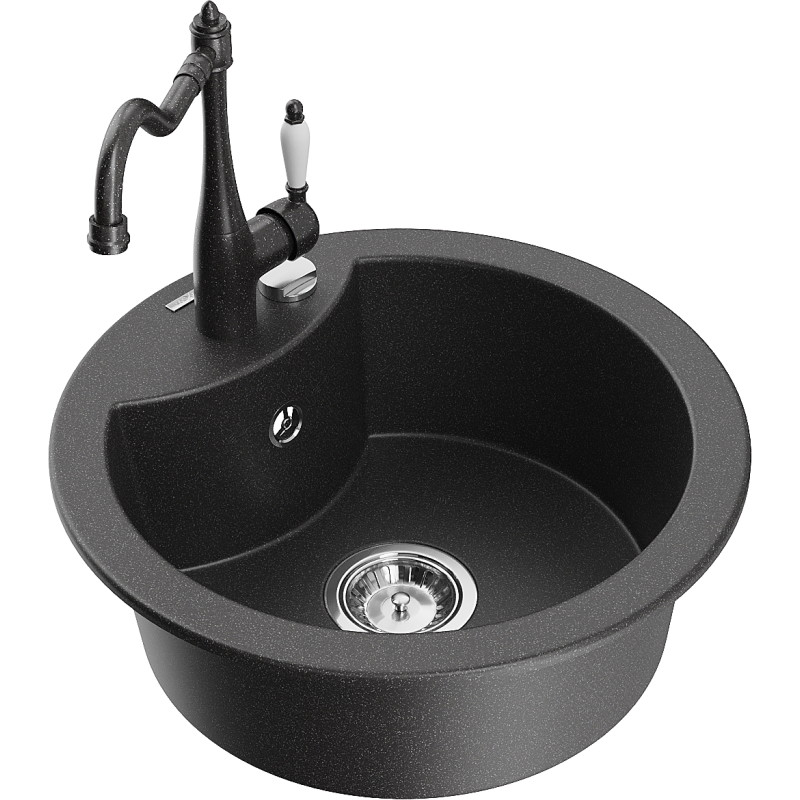 Mexen Diego granite kitchen sink single-bowl with Carla kitchen faucet, black speckled - 6512-76-670700-76